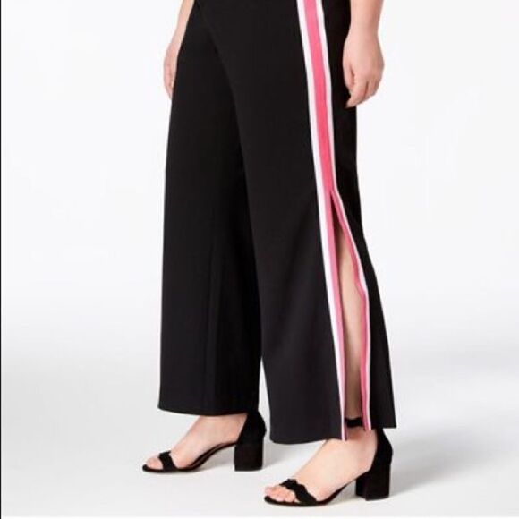 INC Black Wide Leg Pink White Racing Stripe Pants - Picture 4 of 9